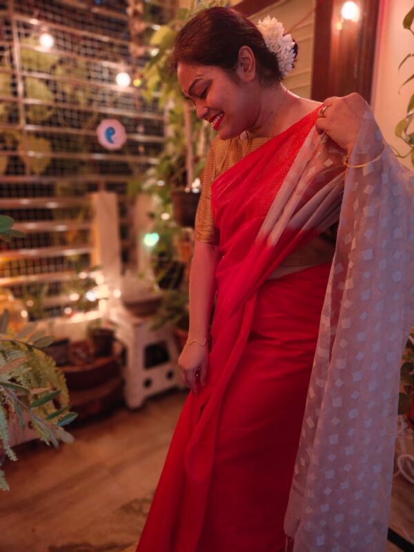 Red Soft Silk Saree with Grey Sheer Palla