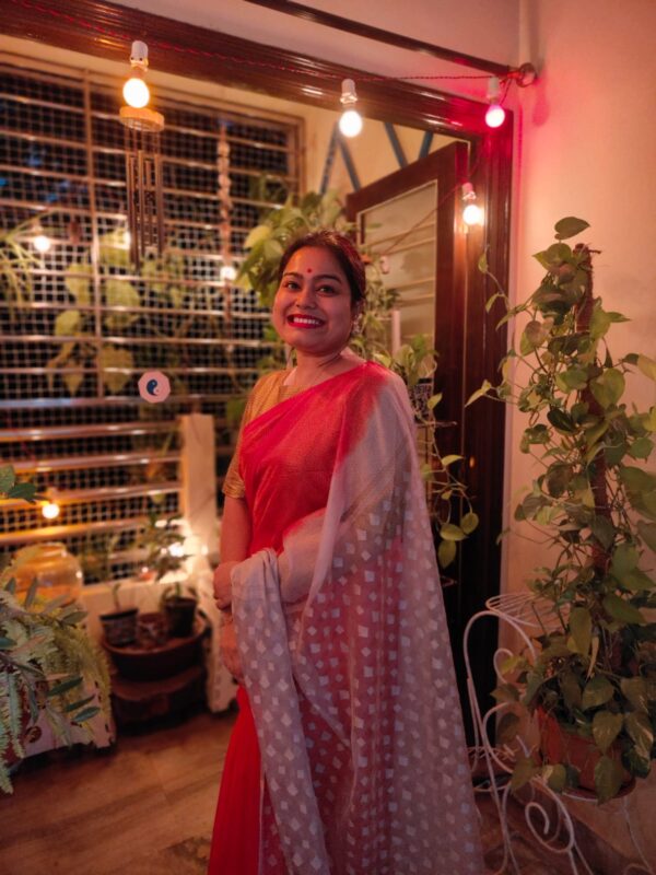 Red Soft Silk Saree with Grey Sheer Palla