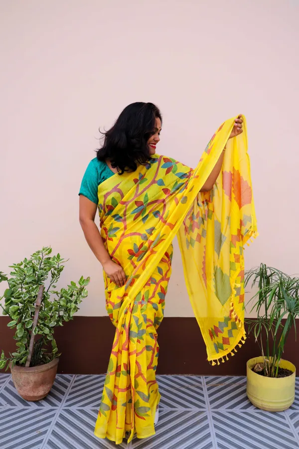 Buy Yellow Embellished Silk Floral Saree Online