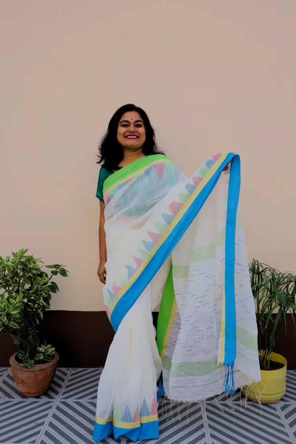 Floral Embroidery & Silver Zari Border Pattern Bhagalpuri Linen Saree