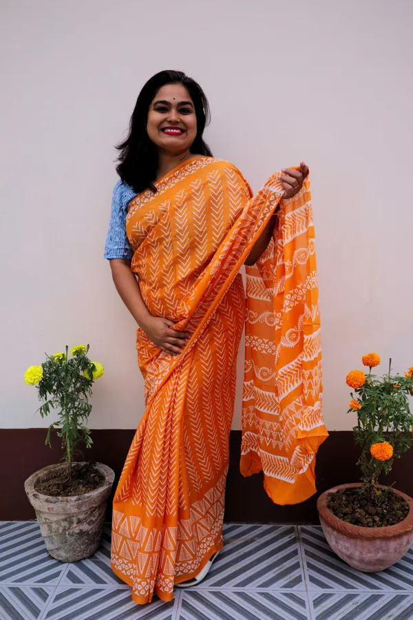 Bengal Handloom Satin Silk Border Cotton Saree in White and Orange – Bengal  Looms India