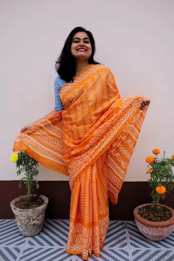 Orange check Ilkal cotton saree- – Niram Neela