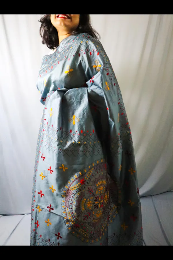 Grey - Bengal Kantha Hand Embroidered Cotton Unstitched Kurta Material (2.8M) 19