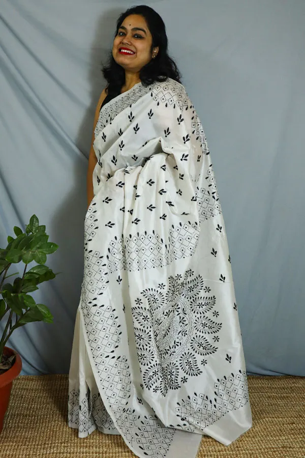 Off White & Black Soft Handloom Cotton Saree - Balaram Saha