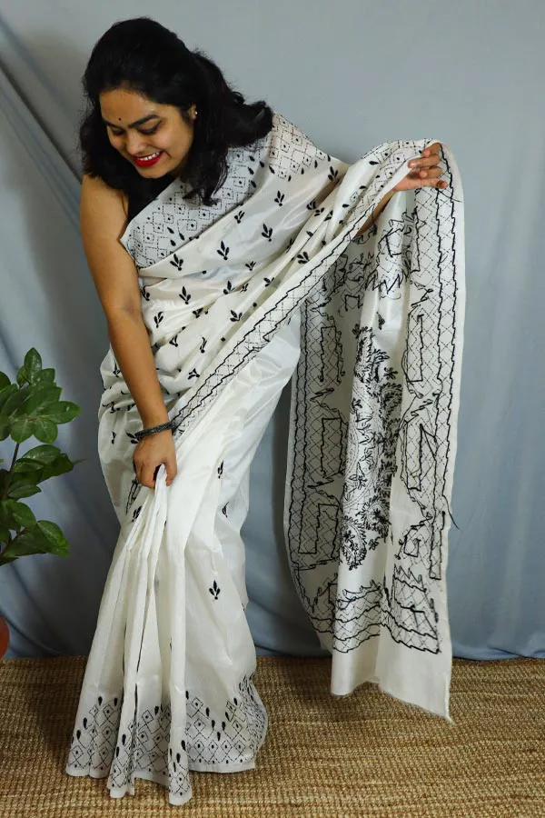 Black & White Handloom Soft Fine Cotton Saree-balaram Saha – Balaram Saha