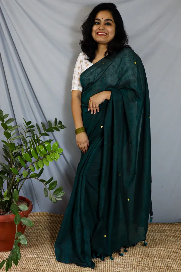 Waking up in Panjim - Sea Green Mulmul Cotton Saree with Tassels