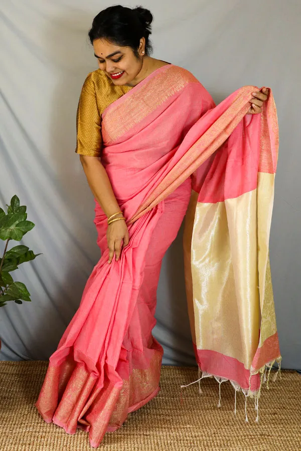 Ruby Pink Golden Zari Kanjeevaram Silk Saree - House of Vardha