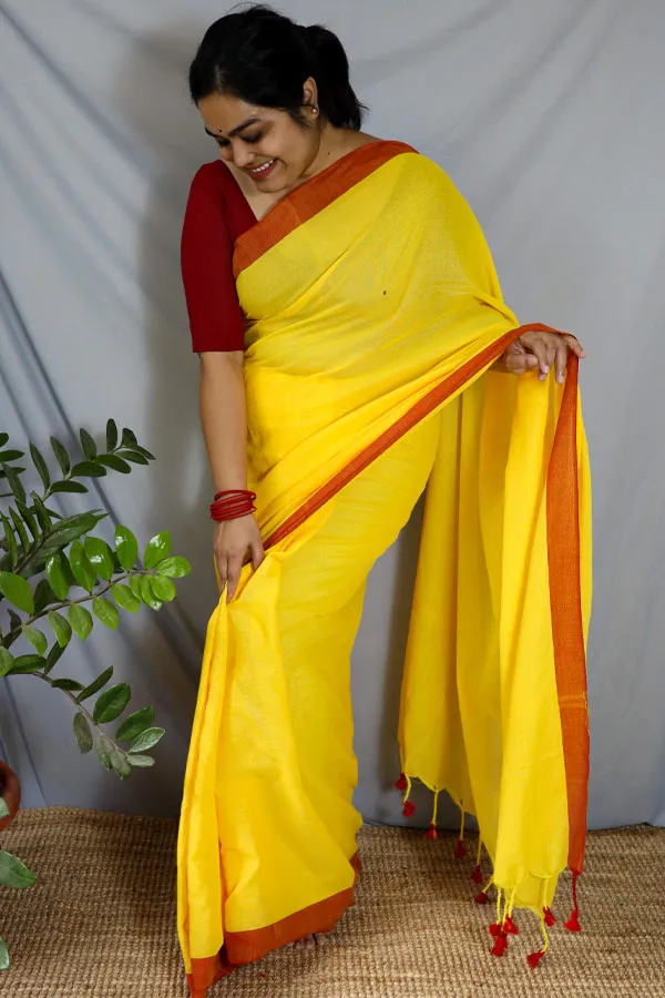 Surreal yellow Cotton saree with Handcrafted Kalamkari Pallu and borde –  Sujatra