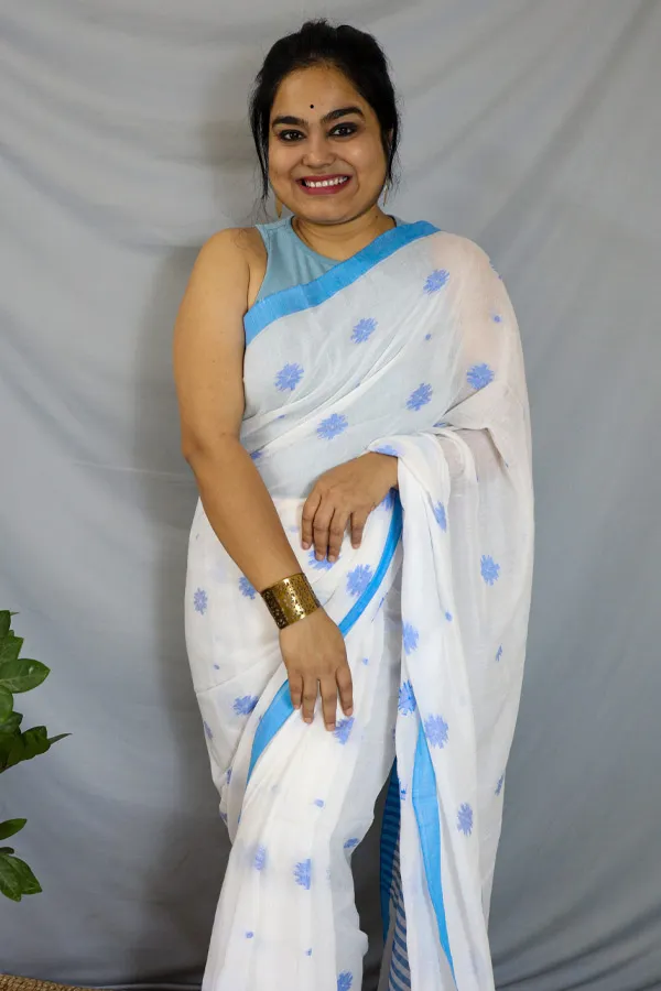 White Jamdani Saree in Soft Handloom Cotton