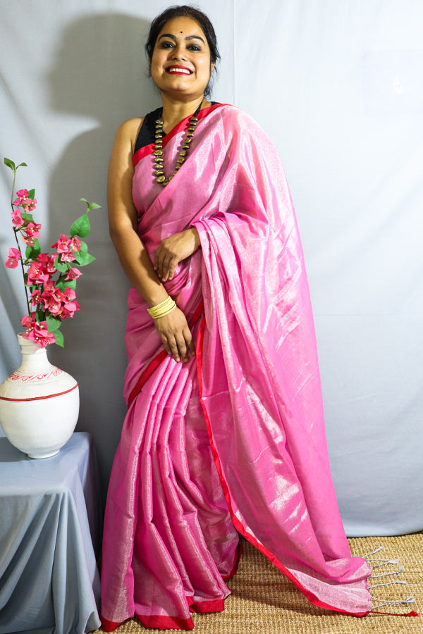 This blush pink heavy georgette saree has a silver foil border. Chunky  heirloom silver jewellery and flowers in your hair will create a… |  Instagram