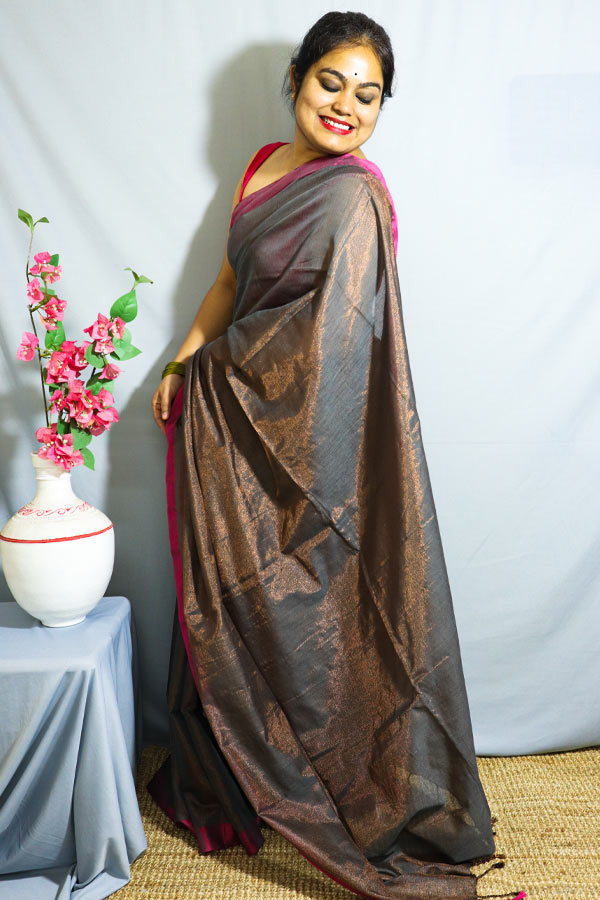 Taupe Plain Cotton Tissue Saree | bongchong