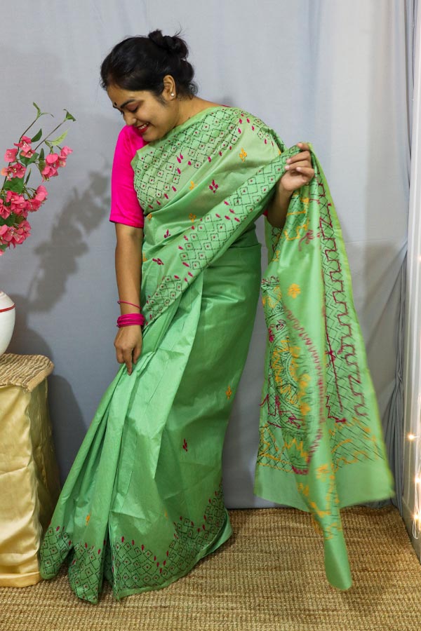 Pista-Green-Kantha-Embroidered-Saree Pista Green Kantha Embroidered Saree