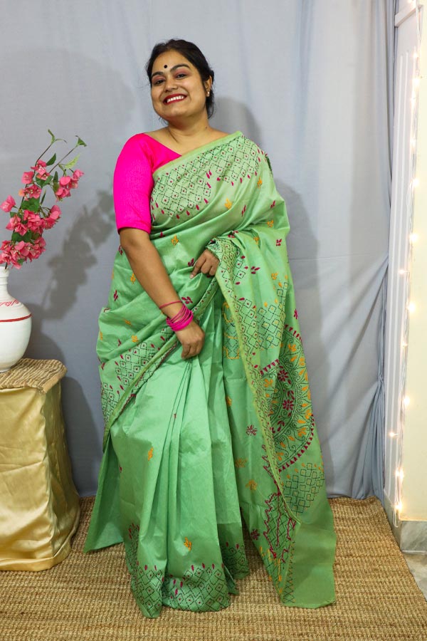 Pista-Green-Kantha-Embroidered-Saree1 Pista Green Kantha Embroidered Saree