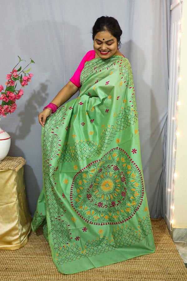 Pista-Green-Kantha-Embroidered-Saree2 Pista Green Kantha Embroidered Saree