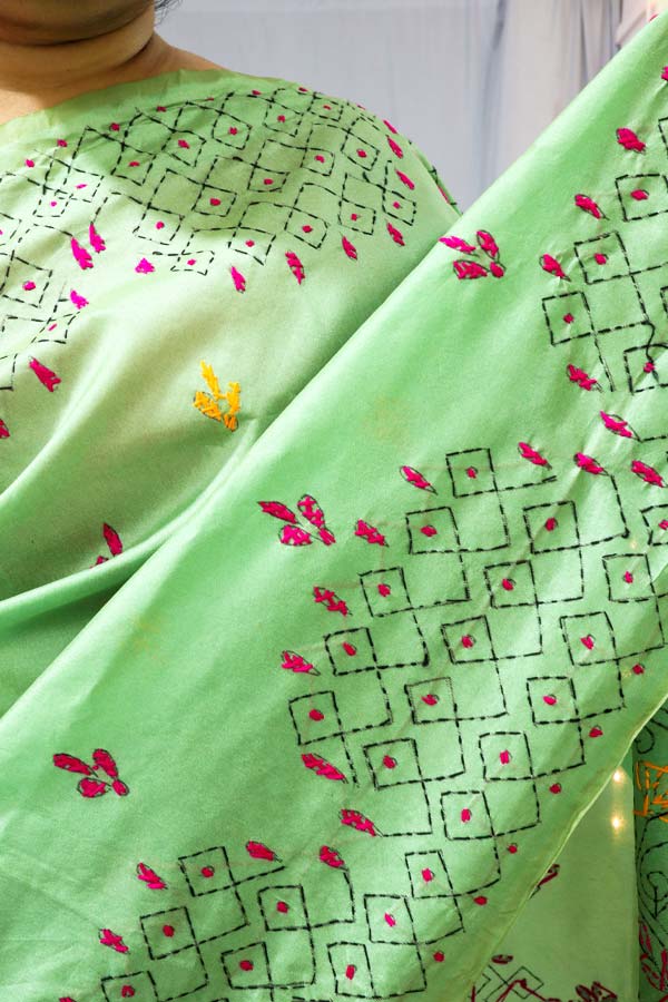 Pista-Green-Kantha-Embroidered-Saree4 Pista Green Kantha Embroidered Saree
