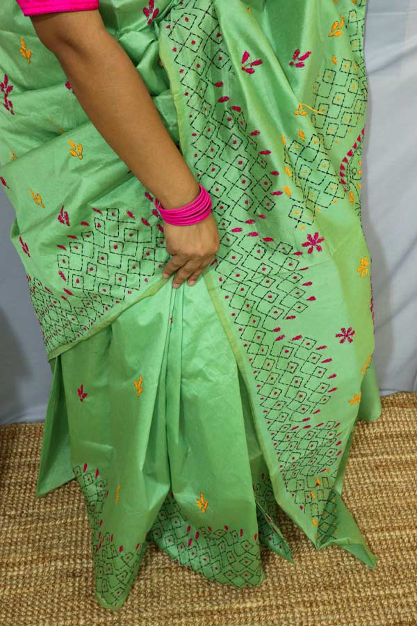 Pista-Green-Kantha-Embroidered-Saree5 Pista Green Kantha Embroidered Saree
