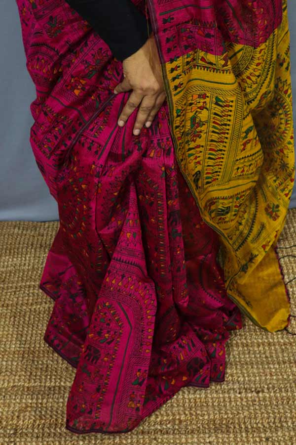 Yellow-and-Pink-Warli-Printed-Cotton-Silk-Saree Yellow and Pink Warli Printed Cotton Silk Saree