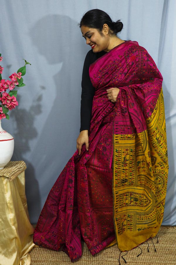 Yellow-and-Pink-Warli-Printed-Cotton-Silk-Saree2 Yellow and Pink Warli Printed Cotton Silk Saree