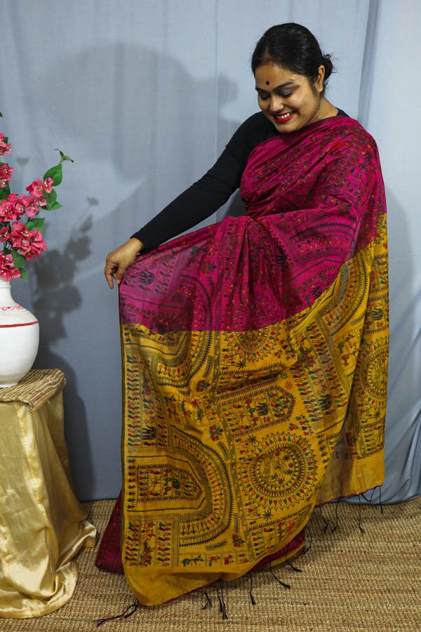 Yellow-and-Pink-Warli-Printed-Cotton-Silk-Saree3
