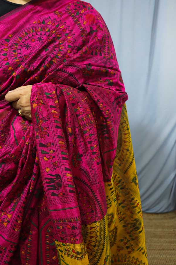 Yellow-and-Pink-Warli-Printed-Cotton-Silk-Saree4 Yellow and Pink Warli Printed Cotton Silk Saree