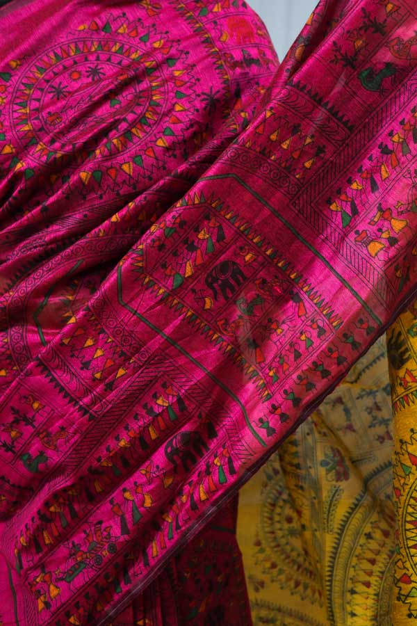 Yellow-and-Pink-Warli-Printed-Cotton-Silk-Saree5 Yellow and Pink Warli Printed Cotton Silk Saree
