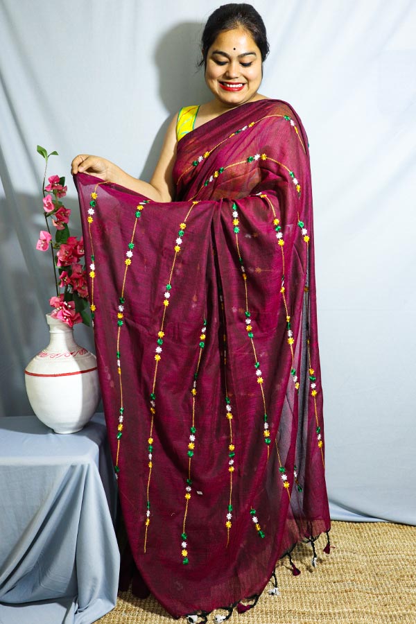 KOLKATA COTTON PLAIN SAREE MAGENTA - Karghanee