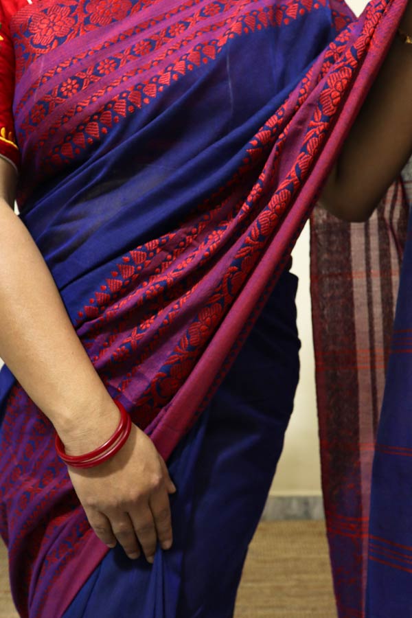 Blue and Red Striped Begumpuri Handloom Cotton Saree