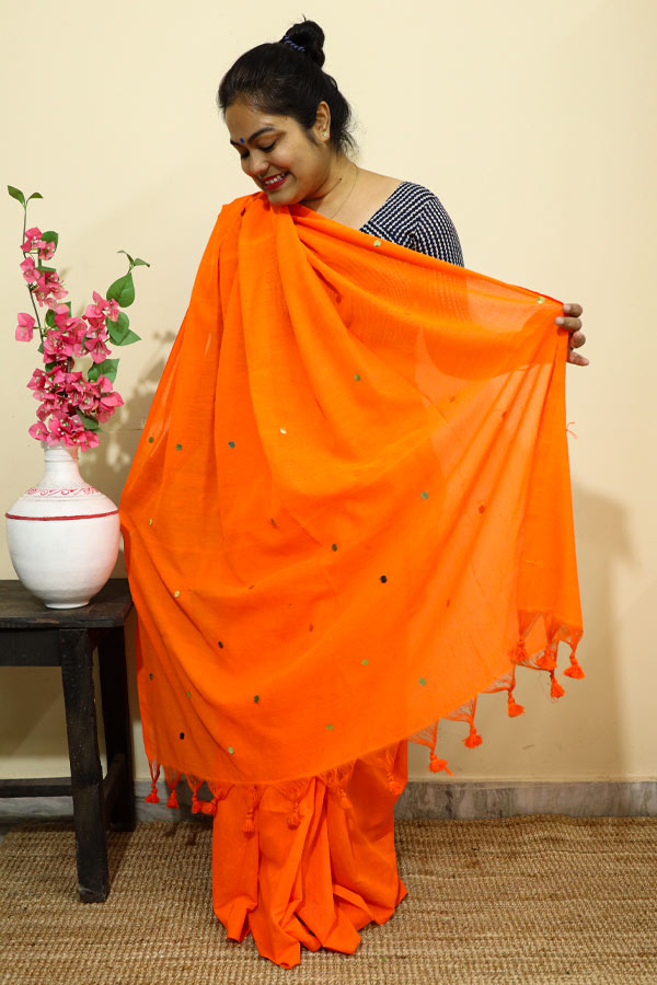 ILKAL Handloom Cotton Silk Saree Bright Orange Color with running blouse -  IndieHaat – Indiehaat.com