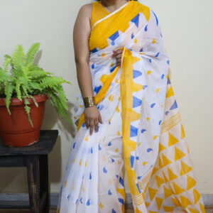 Abstract Printed Cotton Silk Saree with Yellow Border