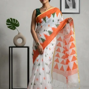Abstract Printed Soft Silk Saree with Orange Border