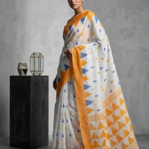 Abstract Printed Soft Silk Saree with Yellow Border