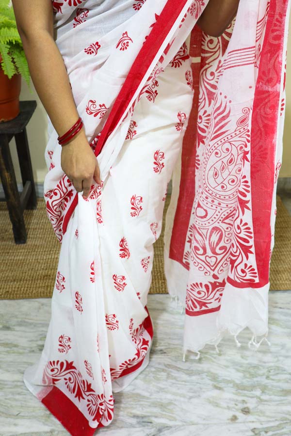 Laal-Saada-Alpona-Printed-Soft-Cotton-Saree Laal Saada Alpona Printed Soft Cotton Saree