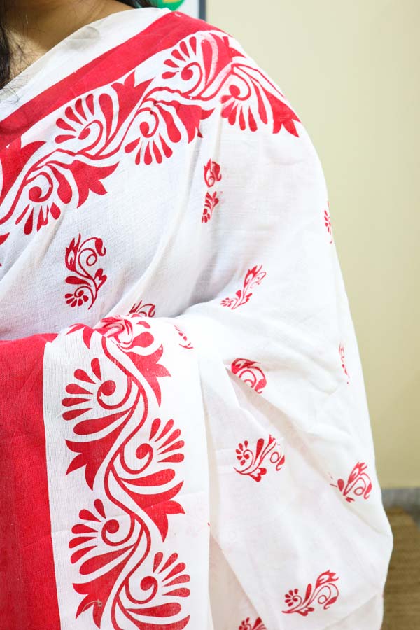 Laal-Saada-Alpona-Printed-Soft-Cotton-Saree1 Laal Saada Alpona Printed Soft Cotton Saree