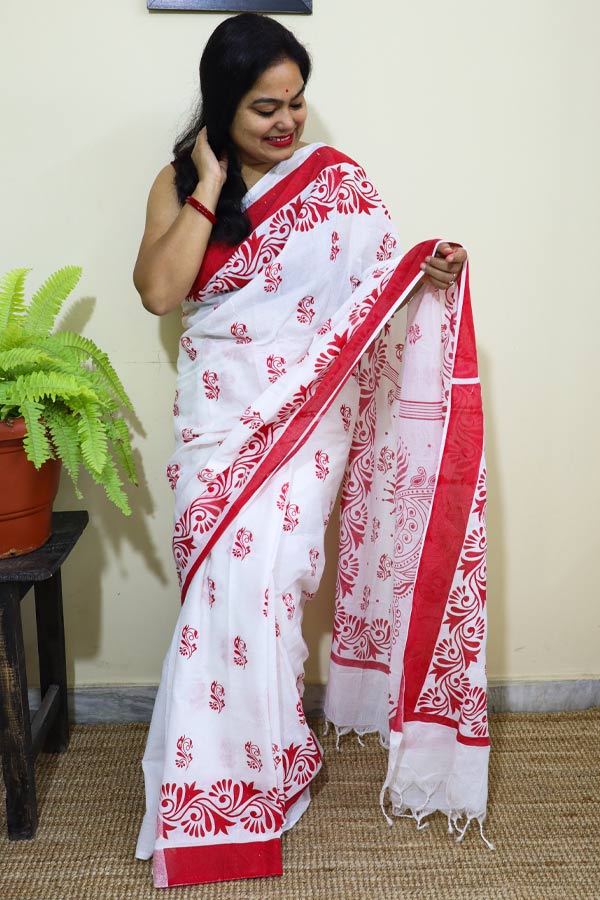 Laal-Saada-Alpona-Printed-Soft-Cotton-Saree3 Laal Saada Alpona Printed Soft Cotton Saree