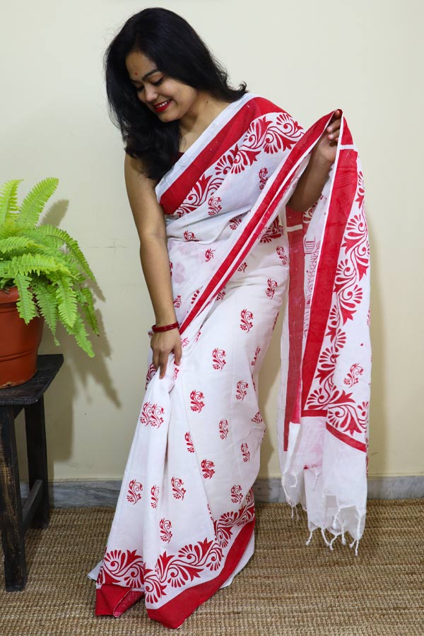 Laal-Saada-Alpona-Printed-Soft-Cotton-Saree4 Laal Saada Alpona Printed Soft Cotton Saree