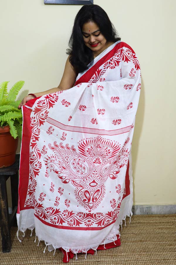 Laal-Saada-Alpona-Printed-Soft-Cotton-Saree5 Laal Saada Alpona Printed Soft Cotton Saree