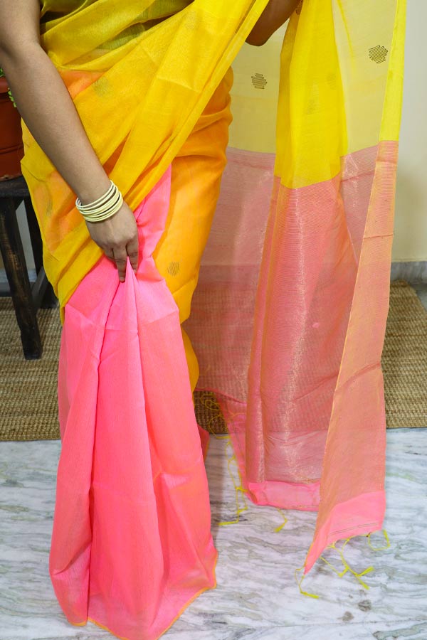 Pastel-Pink-and-Yellow-Cotton-Silk-Saree-with-Muslin-Aanchal Pastel Pink and Yellow Cotton Silk Saree with Muslin Aanchal
