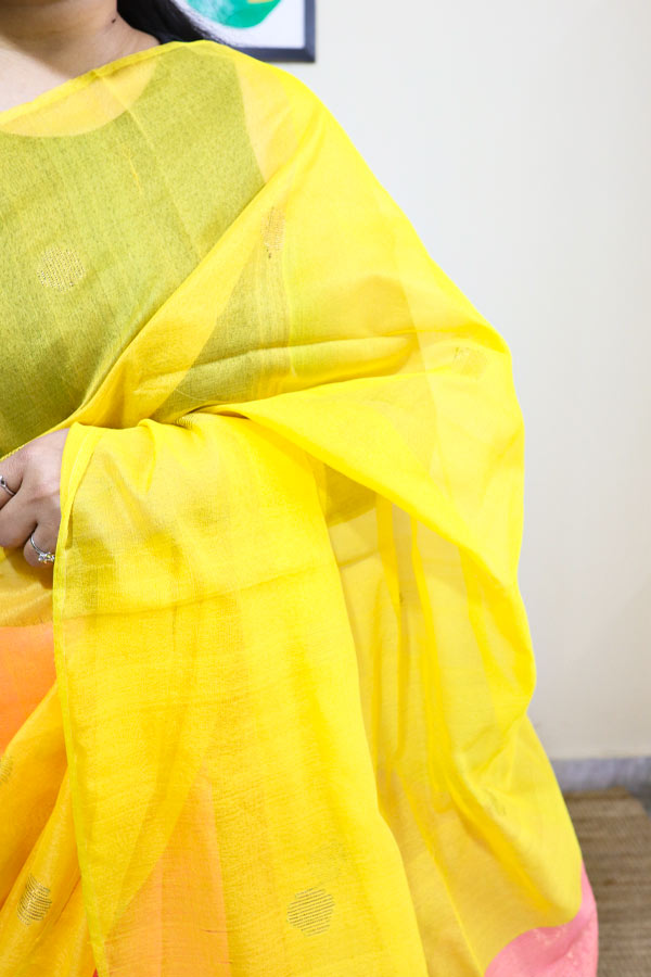 Pastel-Pink-and-Yellow-Cotton-Silk-Saree-with-Muslin-Aanchal2 Pastel Pink and Yellow Cotton Silk Saree with Muslin Aanchal