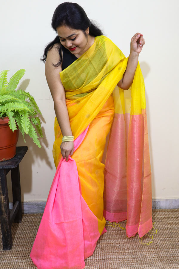 Pastel-Pink-and-Yellow-Cotton-Silk-Saree-with-Muslin-Aanchal4 Pastel Pink and Yellow Cotton Silk Saree with Muslin Aanchal