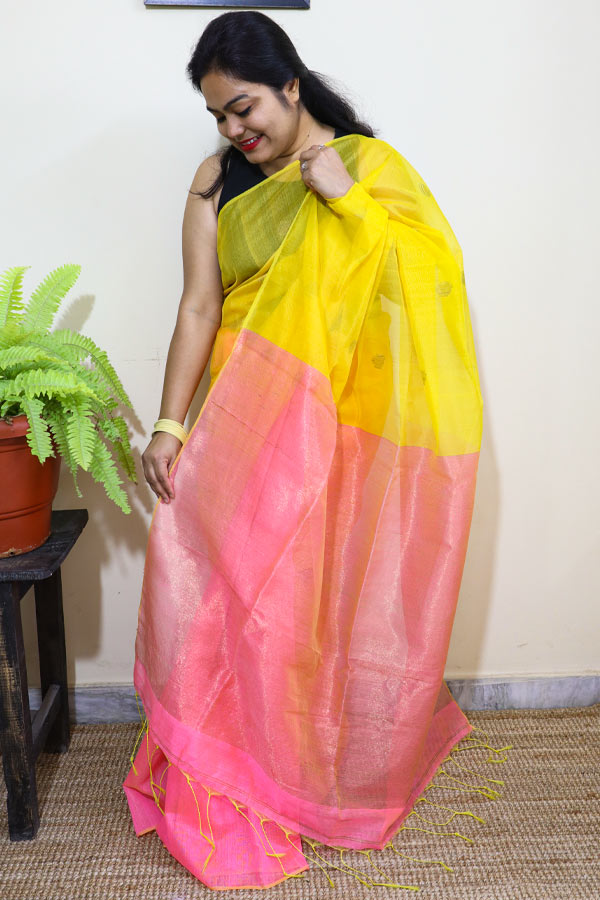 Pastel-Pink-and-Yellow-Cotton-Silk-Saree-with-Muslin-Aanchal5 Pastel Pink and Yellow Cotton Silk Saree with Muslin Aanchal