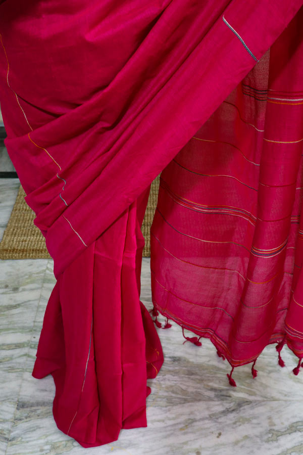 Red Khesh Cotton Bindi Dhoti Saree
