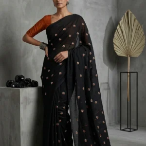 Black Parijat Embroidered Cotton Saree