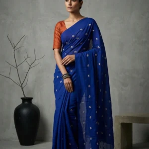 Royal Blue Parijat Embroidered Cotton Saree