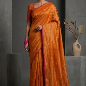 Tangerine Orange Dual Toned Tissue Plain Soft Cotton Saree