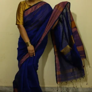 Blue Plain Cotton Silk Saree with Golden Border