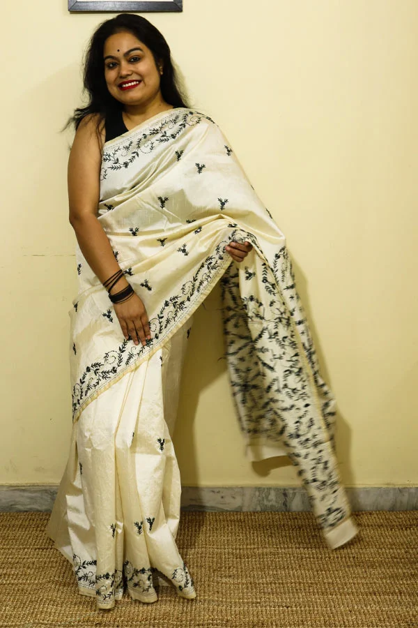 Cream-Art-Silk-Saree-with-Grey-Kantha-Embroideries Cream Art Silk Saree with Grey Kantha Embroideries