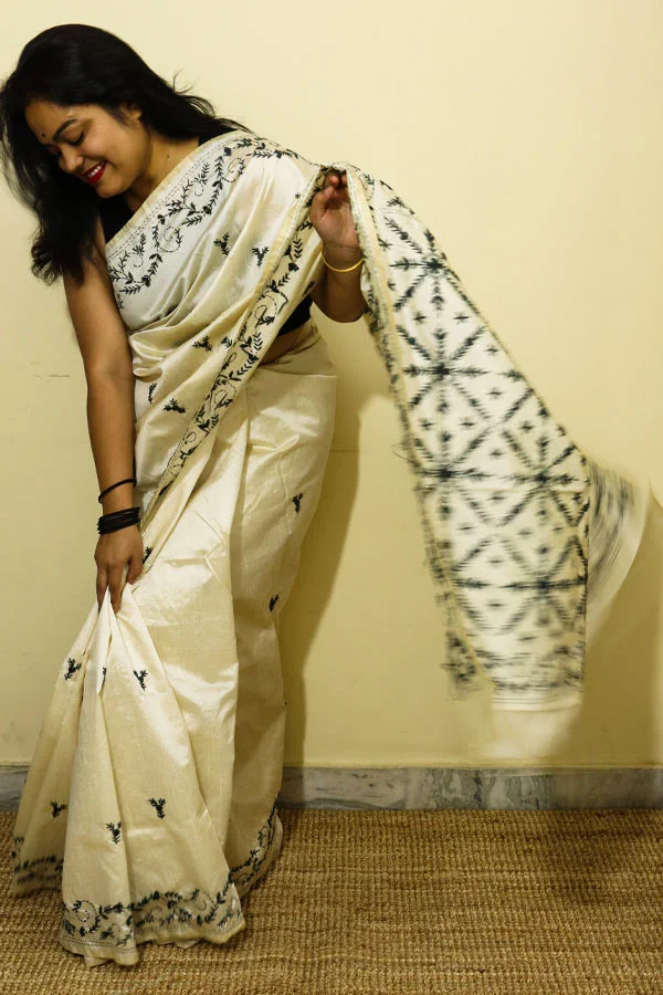 Cream-Art-Silk-Saree-with-Grey-Kantha-Embroideries1 Cream Art Silk Saree with Grey Kantha Embroideries