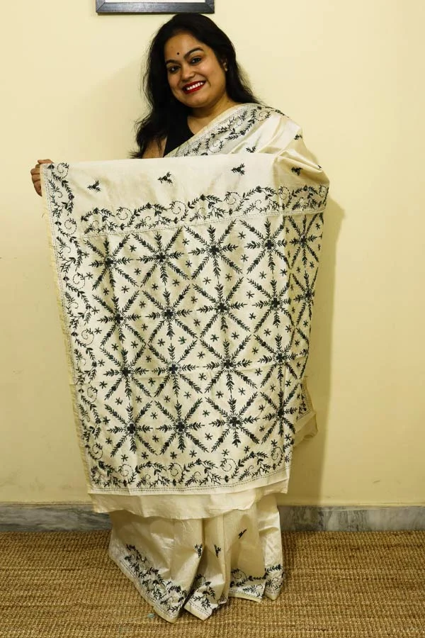 Cream-Art-Silk-Saree-with-Grey-Kantha-Embroideries2 Cream Art Silk Saree with Grey Kantha Embroideries