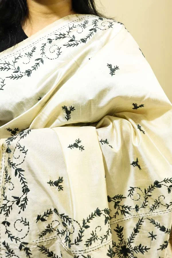 Cream-Art-Silk-Saree-with-Grey-Kantha-Embroideries3 Cream Art Silk Saree with Grey Kantha Embroideries