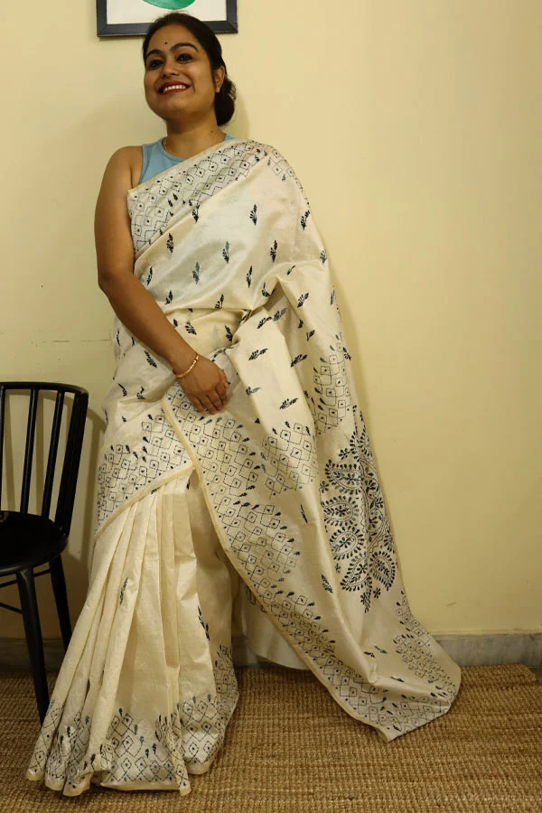 Cream-Art-Silk-Saree-with-Black-&-Grey-Kantha-Embroideries Cream Art Silk Saree with Black & Grey Kantha Embroideries